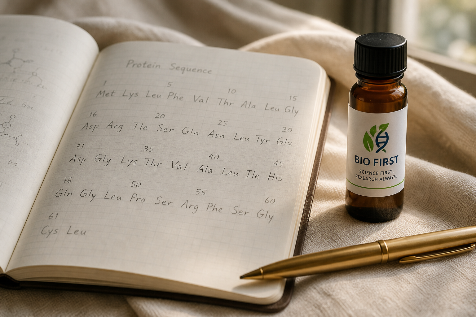 Research vial next to an open laboratory notebook